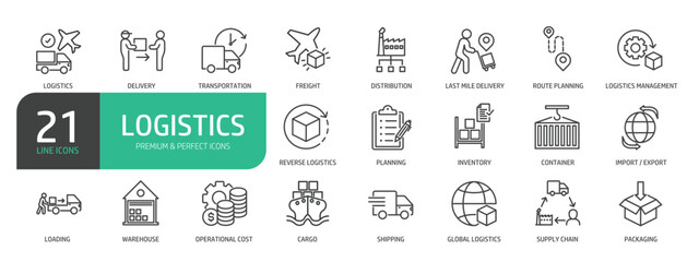 Set Of Logistics Line Icons. Set contains such icons as Delivery, Freight, Logistics Management, Cargo, Import / Export, Packing,  Global Logistics, Supply Chain, and more.
