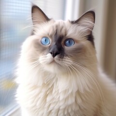 Fototapeta premium Portrait of a Birman cat sitting in a light room beside a window. Closeup face of a beautiful Birman cat at home. Portrait of a cute Birman cat with sleek fur and blue eyes looking at the camera.