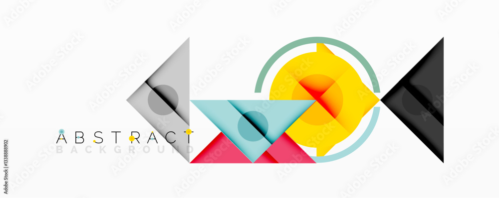 Poster Abstract geometric composition with intersecting triangles, circles, and gradients, creating a dynamic layered pattern with depth and contrast