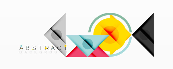 Abstract geometric composition with intersecting triangles, circles, and gradients, creating a dynamic layered pattern with depth and contrast