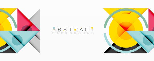 Abstract geometric composition with intersecting triangles, circles, and gradients, creating a dynamic layered pattern with depth and contrast