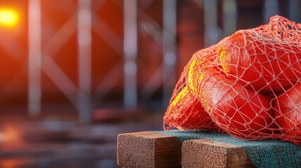 A close-up reveals several bright orange cylindrical weights led within a sturdy red mesh bag resting on weathered wooden planks against a blurred backdrop of industrial