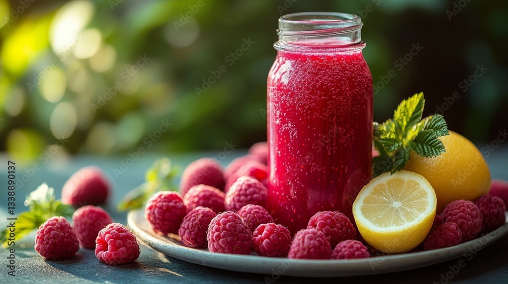 Poster a jar filled with vibrant raspberry lemonade is placed on a wooden table surrounded by fresh raspber
