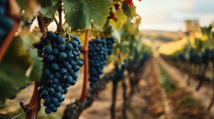 Fototapeta premium Grapevines with ripe bunches in a vineyard at sunset