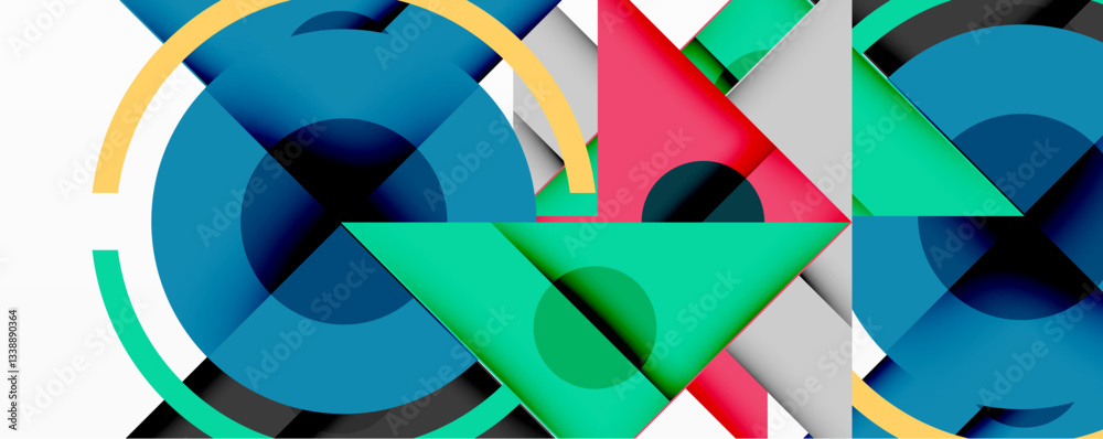 Poster Abstract geometric composition with overlapping triangles, circles, and gradients, featuring a central circular design with text