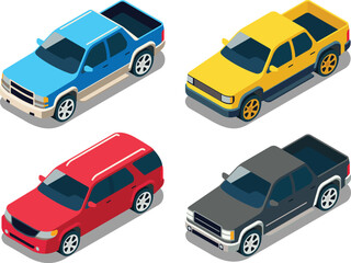 set of isometric trucks & family car
