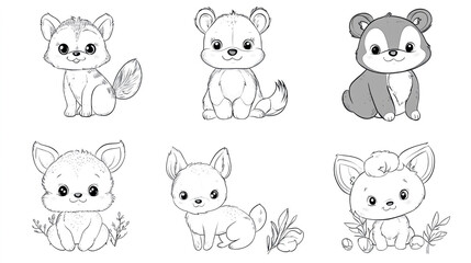 Set of cute forest animal coloring page vector illustration