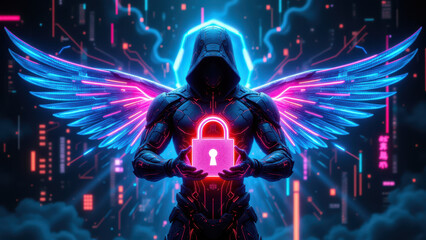 Cybersecurity angel with wings holding a key in a futuristic environment.