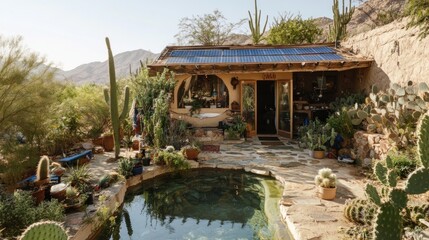Obraz premium Sustainable desert dwelling: earth home nestled amongst cacti, harnessing solar energy