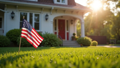 American flag on lawn in front of house at sunset