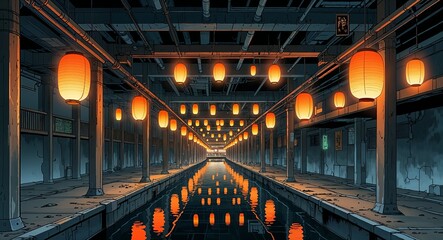 Obraz premium Underground city with glowing lanterns hanging from the ceiling building design on manga design illustration background