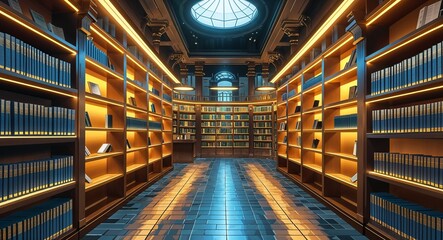 Fototapeta premium Underground library with glowing golden bookshelves building design on manga design illustration background