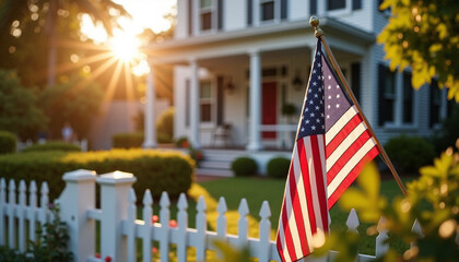 American flag waving in front of a house at sunset