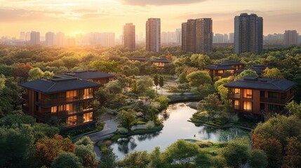 Eco-Friendly Cityscape: Vibrant Urban Nature Views at Sunset with Modern Architecture and Lush Greenery