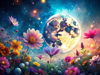 Mystical Moon & Flower Macro Panoramic Clipart: Boho Floral Design Elements
