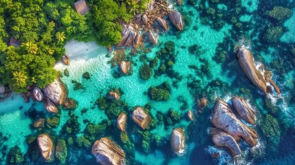 Obraz premium Aerial view of a tropical beach with clear turquoise water and rock formations, inviting a serene island getaway and travel inspiration