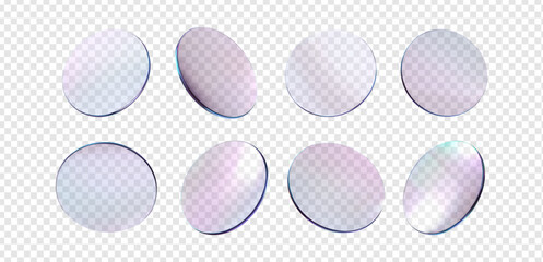 Glass round transparent plate set. Circle shape lens light holographic gradient effect. Clear glossy disk, badge, lens, crystal element glass material. Vector realistic morphism illustration