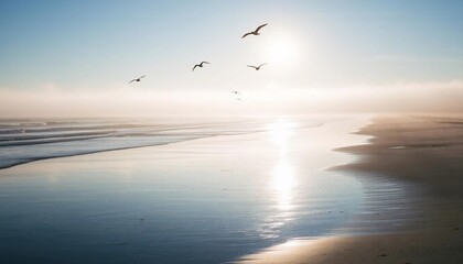Obraz premium Tranquil Coastal Sunrise: Birds in Flight Over Misty Beach