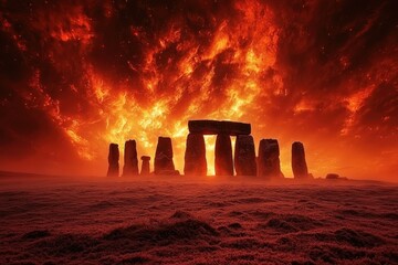 Majestic Sunset Behind Iconic Silhouette of Ancient Stones Surrounded by Fiery Sky and Vibrant Clouds at Dusk