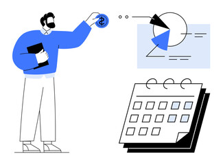 Businessman holding documents, interacting with pie chart highlighting financial growth, connected to a calendar. Ideal for finance, planning, management, analysis, productivity, forecasting