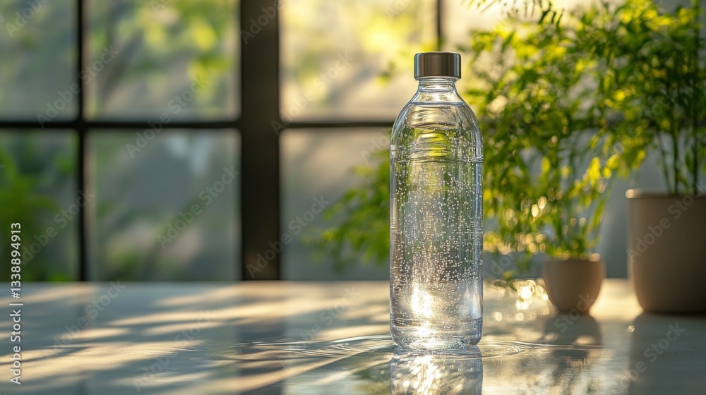 Poster a clear bottle of sparkling water sits on a table as sunlight pours in from large windows. lush gree