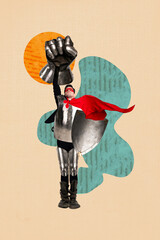 Exclusive image vertical photo collage of serious superman wear cape mask steel armor warrior...