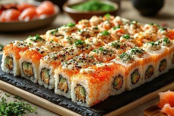 Delicate green sushi rolls arranged on a decorative plate showcasing vibrant garnishes and artistic presentation in a serene dining setting