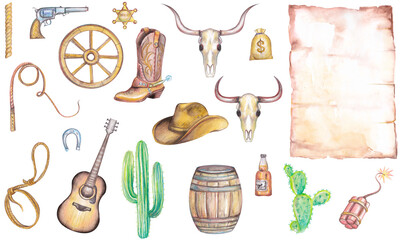 Set of illustrations Wild West. Collection of illustrations of objects. Pencil drawing