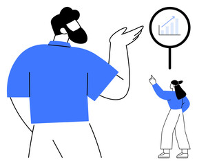 Two team members pointing at growing chart, representing collaboration and success overview. Ideal for teamwork, analytics, progress, leadership, strategy, communication productivity. Flat simple