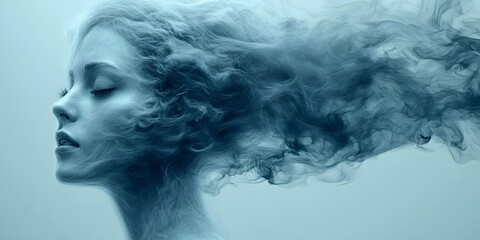 Fototapeta premium Mystical Aura: A portrait of a serene woman whose hair seems to transform into ethereal smoke or vapor, creating a dreamlike atmosphere. 