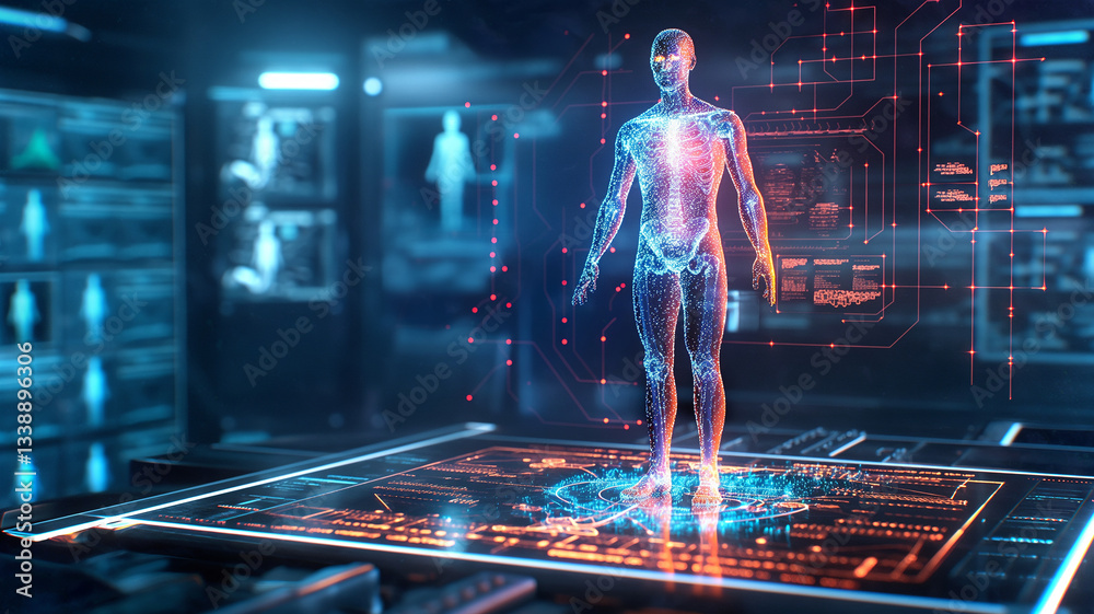 Poster this high-tech lab displays a digital human highlighting genetic modifications.