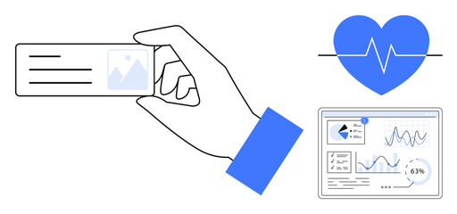 Hand holding ID card, blue heart with heartbeat line, and data analysis dashboard. Ideal for healthcare, identity, monitoring, analytics, medical records wellness and technology themes. Flat simple