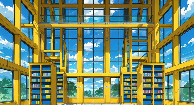 Bright yellow and blue library with bookshelves visible through large windows building design on manga design illustration background
