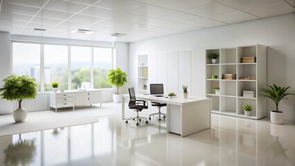 Modern White Office Interior Mockup Wall, Tilt-Shift Photography, Minimalist Workspace Design