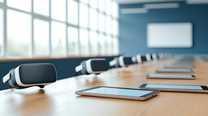 A modern conference room equipped with virtual reality headsets and tablets, emphasizing technology in a collaborative environment.