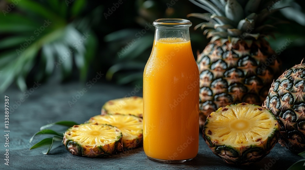 Poster freshly squeezed pineapple juice fills a glass bottle, surrounded by vibrant tropical greenery and s