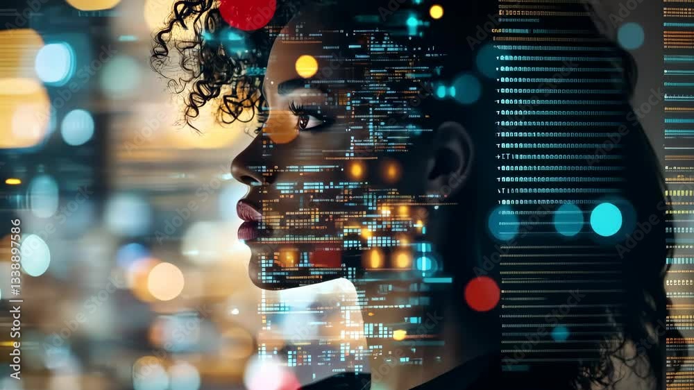 Aufkleber a silhouette of a woman gracefully overlaid with a vibrant and colorful digital cityscape, symbolizi
