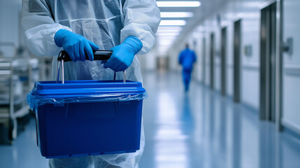 Close-up of gloved hands firmly grasping the handle of an organ transport cooler, as a medical professional rushes through a sterile hospital hallway.