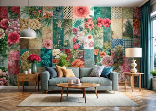 Modern Patchwork Floral Wallpaper Interior Design Stock Photo
