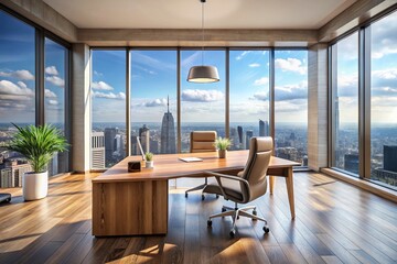 Naklejka premium Modern Office Workspace: Drone View of Cityscape & Wooden Desk