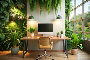 Fototapeta premium Modern Office Workspace: Productive & Inviting Desk Setup with Computer, Plants & Warm Lighting