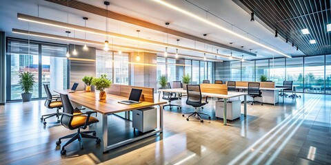 Fototapeta premium Modern Office Interior: Blurred Desks & Glass Walls - Professional Background Stock Photo