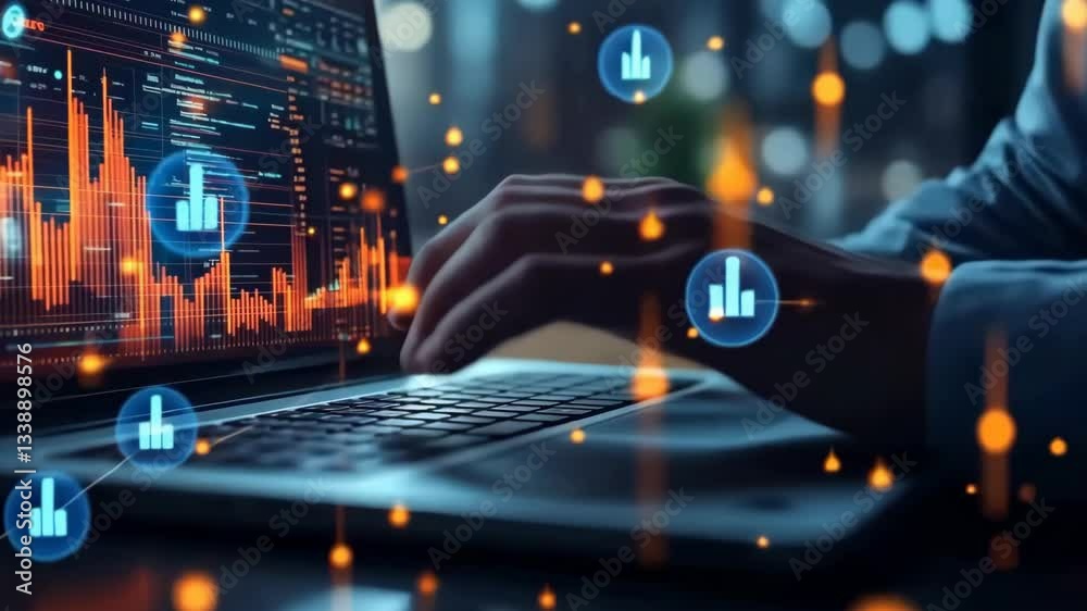 Aufkleber An individual is engaged in data analysis on a laptop, surrounded by visual representations of financial data and technology, illustrating the intersection of business and innovation.