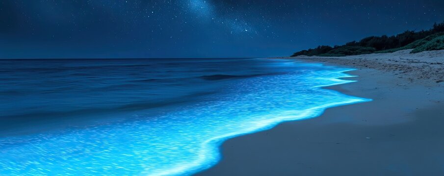 Beach waves landscapes idea. Serene night ocean view with glowing waves and a starry sky on a tranquil beach.
