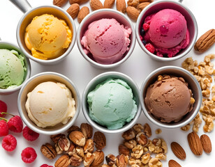 Set of ice cream scoops of different colors and flavors with nuts and berries, cups of ice cream, and chocolate.