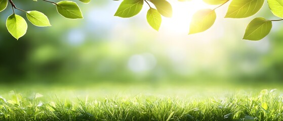 Obraz premium Vibrant Green Grass and Leaves in Sunlight Spring Nature Background