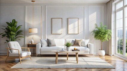 Modern Minimalist Living Room Mockup: White Sofa, Poster Frame, Natural Light