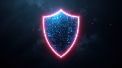Fototapeta premium Cybersecurity logo with neon blue shield on dark background.