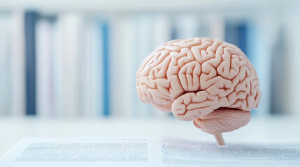 Brain model placed on an open book in a library setting