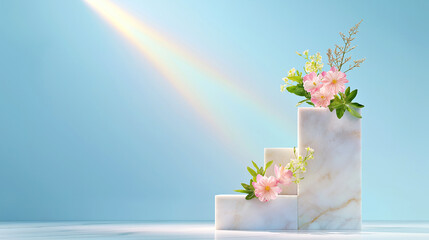 Elegant Floral Arrangement on Marble Pedestals with Rainbow Light